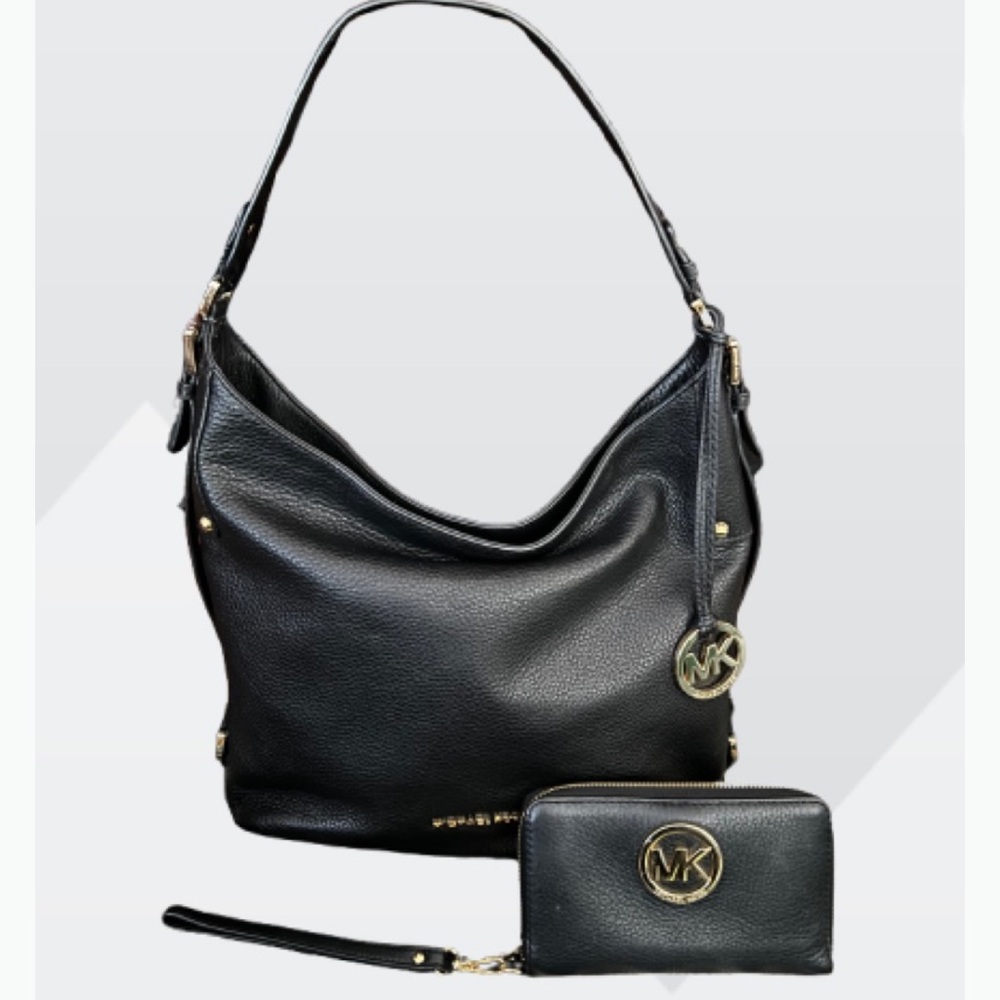 Michael Kors Black Pebble Leather Belted Shoulder Bag & Wallet Wristlet Dustbag!